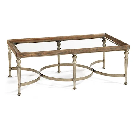 Rectangle Wood Molded Glass Top Occasional Table with Flexed Metal Band Stretcher